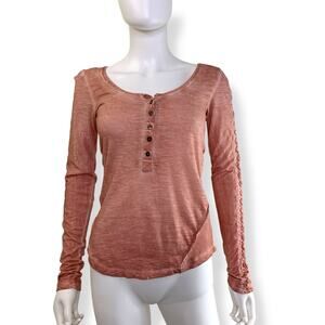 Free People Shell Stitch Henley Size XS Pink Heather 100% Cotton Long Sleeve